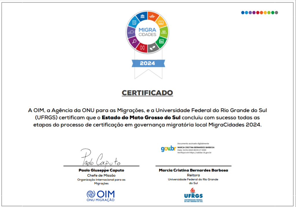 Com boas práticas na área dos direitos humanos, Mato Grosso do Sul renova certificação com o selo MigraCidades. Com boas práticas na área dos direitos humanos, Mato Grosso do Sul renova certificação com o selo MigraCidades.