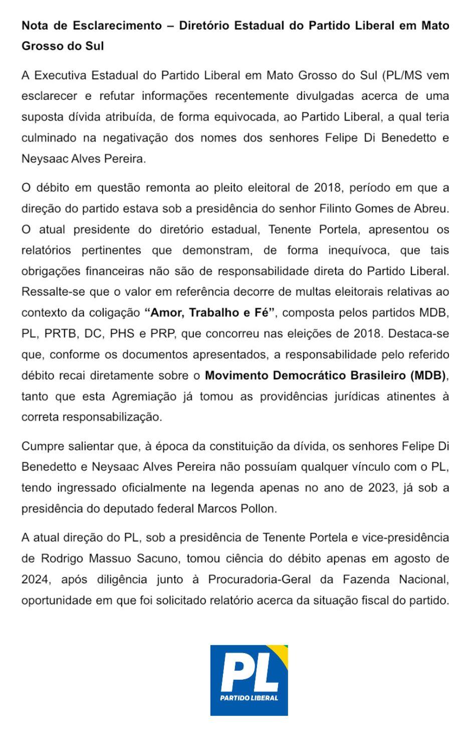 O partido Liberal PL isenta atual gestão de dívida, e responsabiliza MDB por multa eleitoral. O partido Liberal PL isenta atual gestão de dívida, e responsabiliza MDB por multa eleitoral.