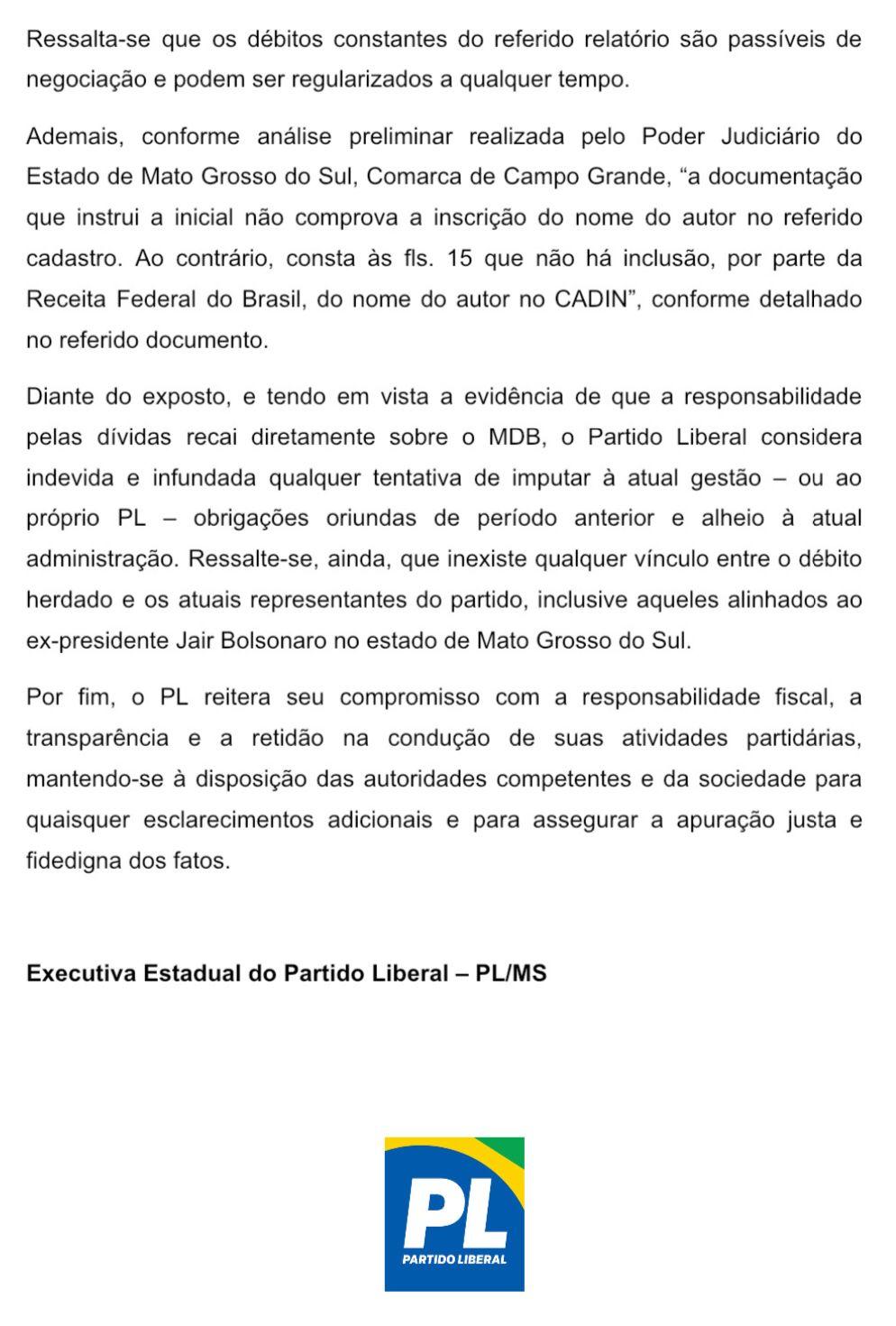O partido Liberal PL isenta atual gestão de dívida, e responsabiliza MDB por multa eleitoral. O partido Liberal PL isenta atual gestão de dívida, e responsabiliza MDB por multa eleitoral.
