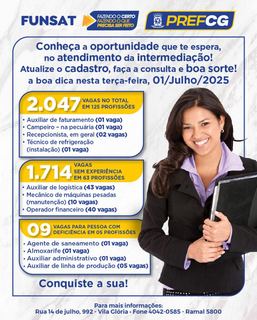 Julho começa com vagas de 178 empresas na intermediação da Funsat.