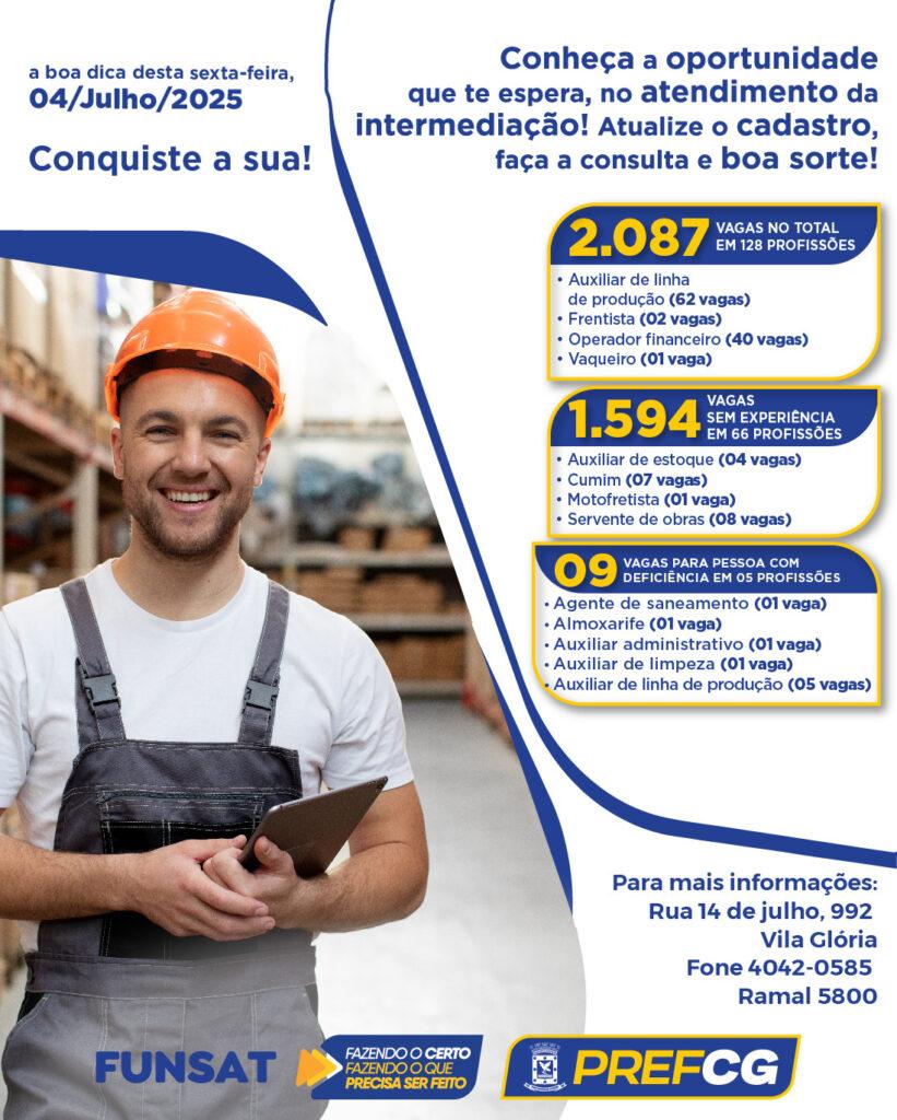 Funsat oferta 2.087 vagas de trabalho nesta sexta-feira.