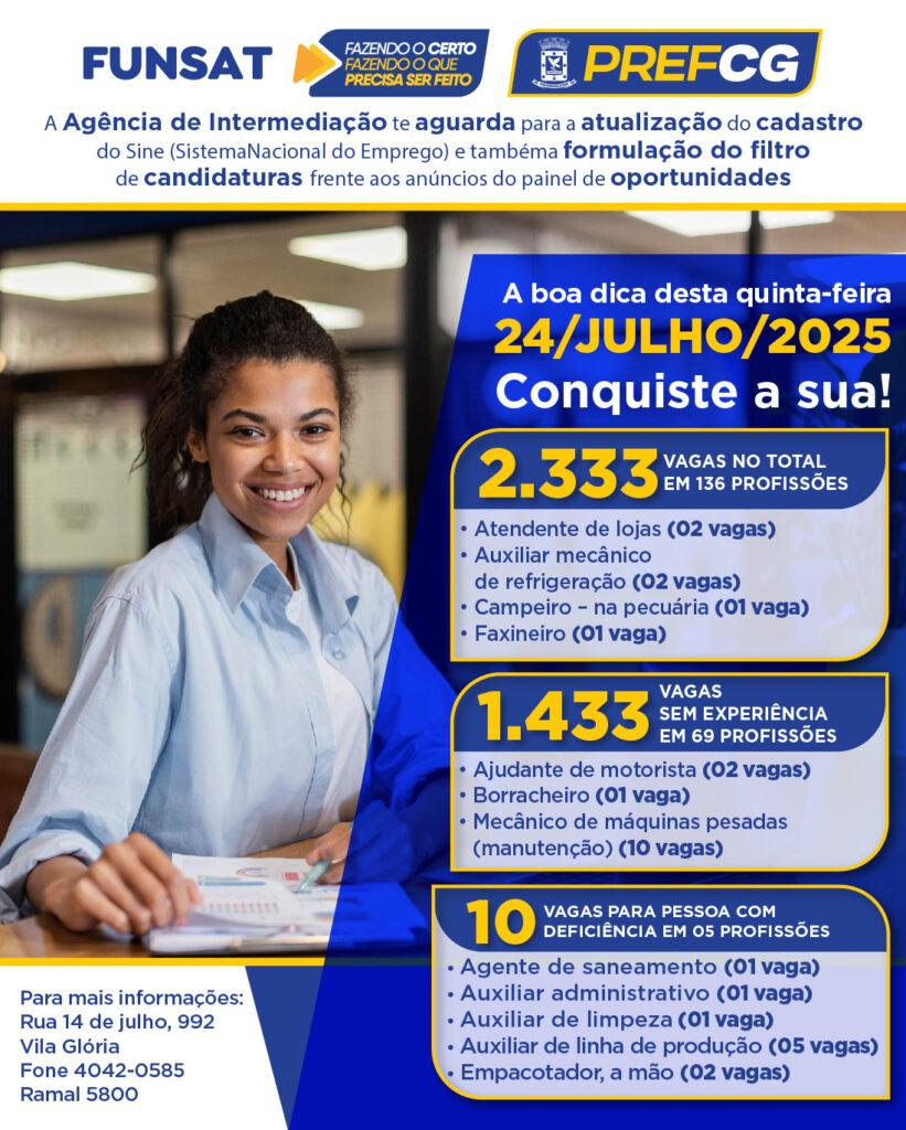 Funsat oferta 2.333 vagas para contratações nesta quinta-feira. Funsat oferta 2.333 vagas para contratações nesta quinta-feira.