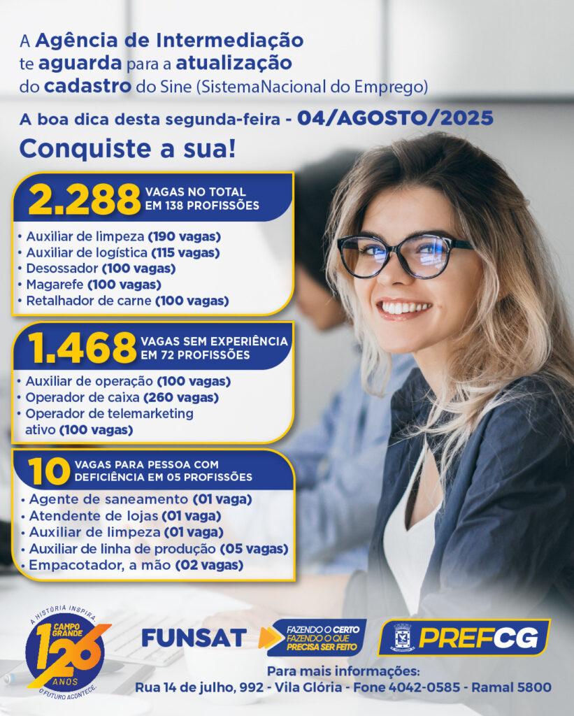 Funsat oferece 2.288 vagas de emprego nesta segunda-feira (4); maioria não exige experiência.