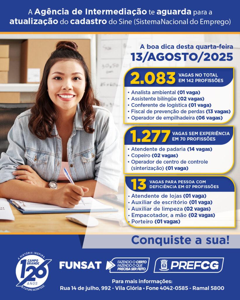 Funsat oferece2.083 vagas nesta quarta-feira.