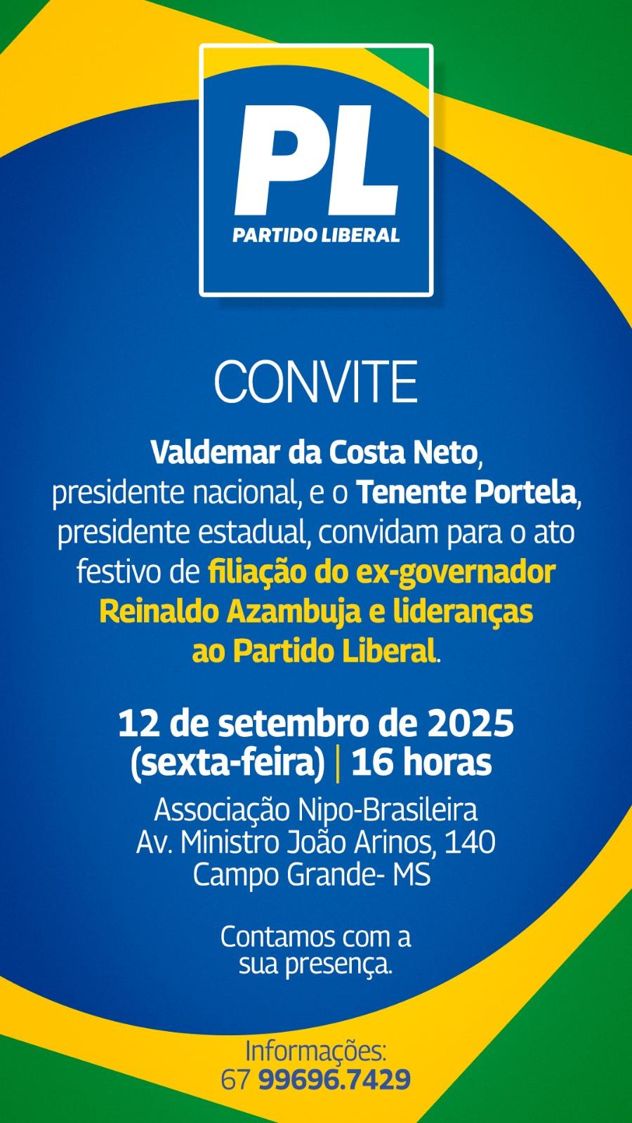 O ex Governador Reinaldo Azambuja assina ficha de filiação no PL no dia 12 de setembro, na Nipo-Brasileira. O ex Governador Reinaldo Azambuja assina ficha de filiação no PL no dia 12 de setembro, na Nipo-Brasileira.