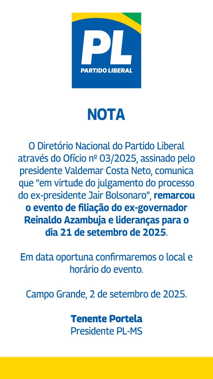 O partido liberal PL altera data de evento em Campo Grande-MS,  após o julgamento do ex presidente Jair Messias Bolsonaro.  O partido liberal PL altera data de evento em Campo Grande-MS,  após o julgamento do ex presidente Jair Messias Bolsonaro.