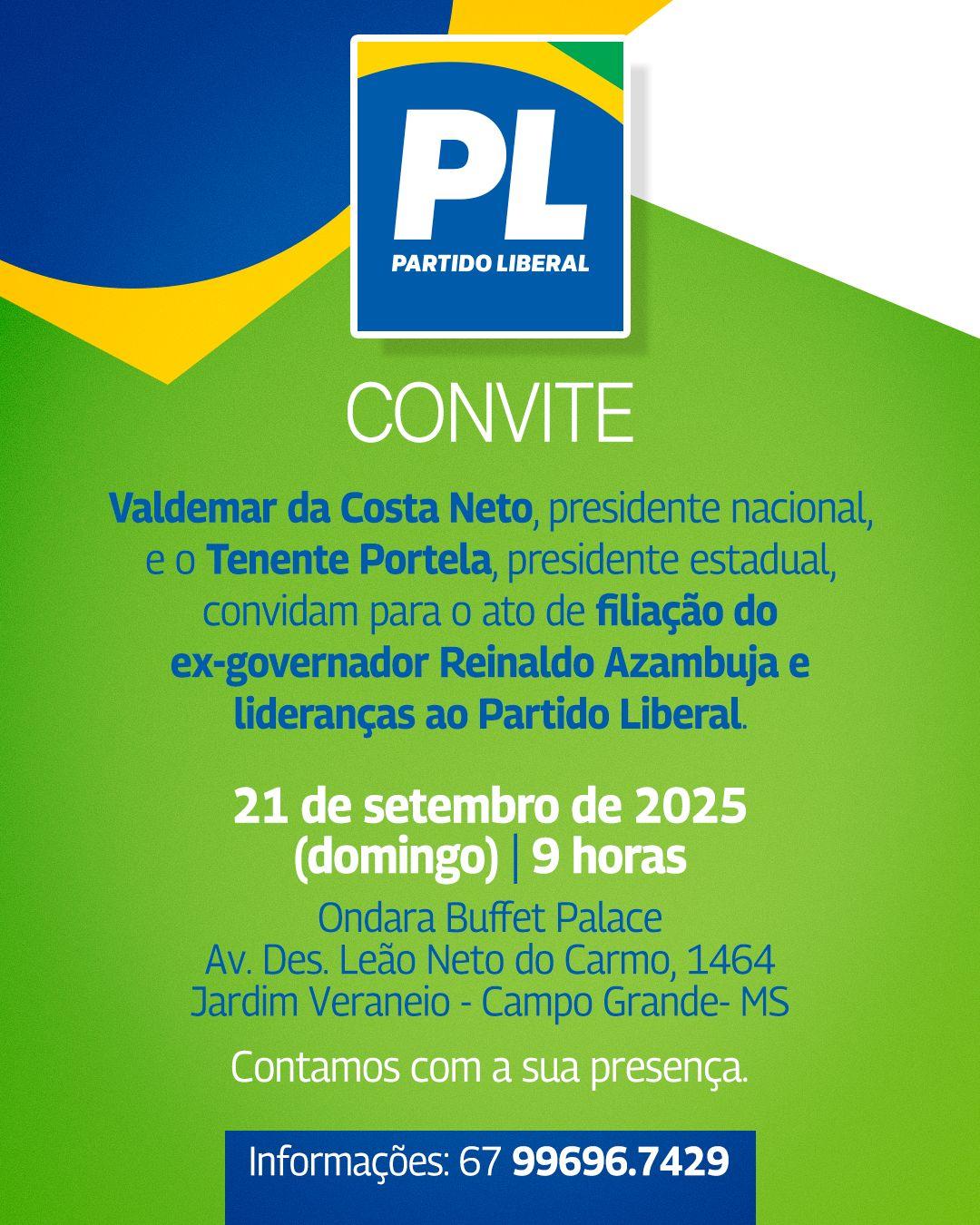 O ex Governador Reinaldo Azambuja define novo local para filiação dele no partido do PL e espera a vinda do governador Tarcísio. O ex Governador Reinaldo Azambuja define novo local para filiação dele no partido do PL e espera a vinda do governador Tarcísio.