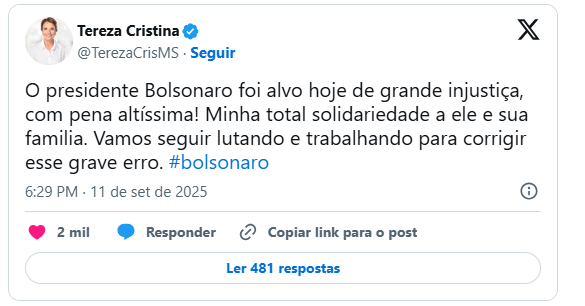 A Senadora Tereza Cristina diz que condenação de Bolsonaro é injusta e pena "altíssima" A Senadora Tereza Cristina diz que condenação de Bolsonaro é injusta e pena "altíssima"