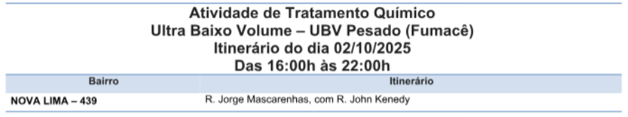 Nova Lima é o foco do fumacê nesta quinta-feira.