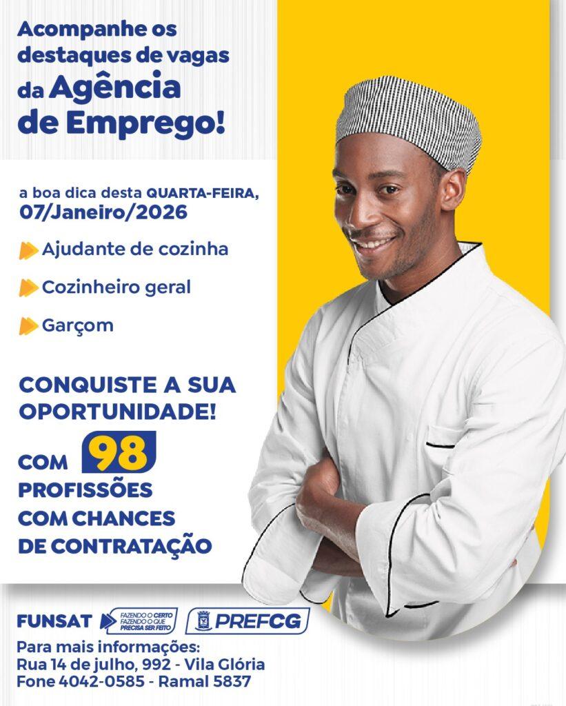 Funsat oferta 1.104 vagas em 98 profissões nesta quarta-feira.